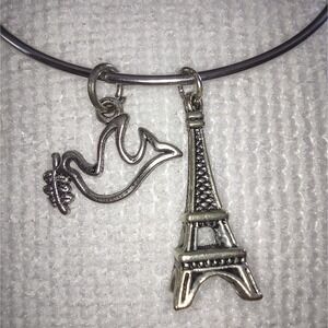 Silver Tone Eiffel Tower Peace Dove Charm Bangle Bracelet Women